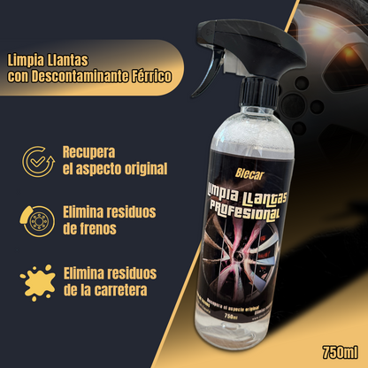 Botella de Limpia Llantas con Descontaminante Férrico, ideal para eliminar residuos de frenos y suciedad incrustada.